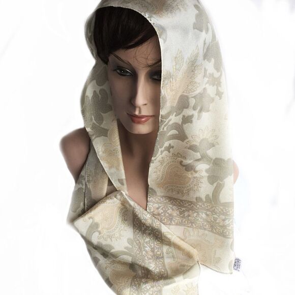 LIZ CLAIBORNE BEIGE CORAL SILK FLORAL SCARF - Picture 5 of 8